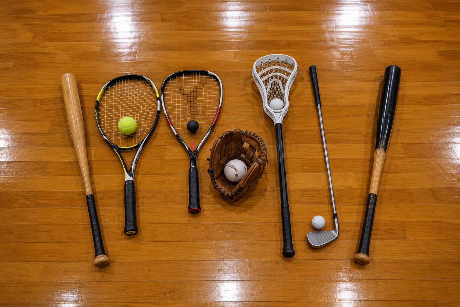 Sports equipment on hardwood floor